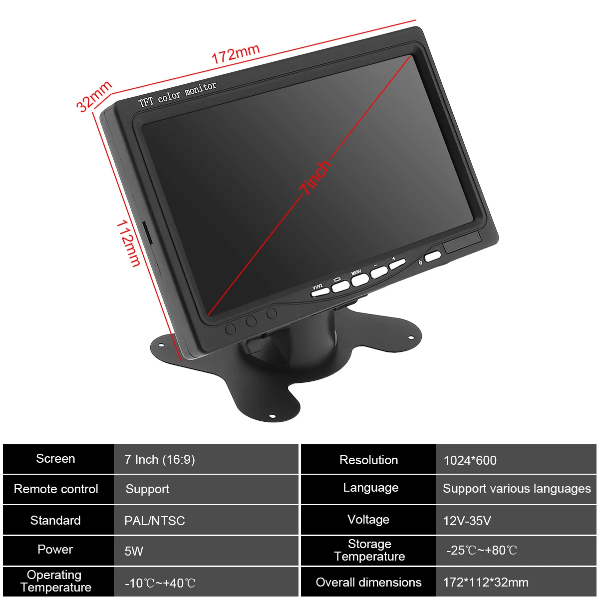 7 дюймов 16:9 HD 1024*600 TFT lcd цветной автомобильный монитор заднего вида 2 видео вход DVD VCD подголовник Автомобильный монитор Поддержка аудио видео