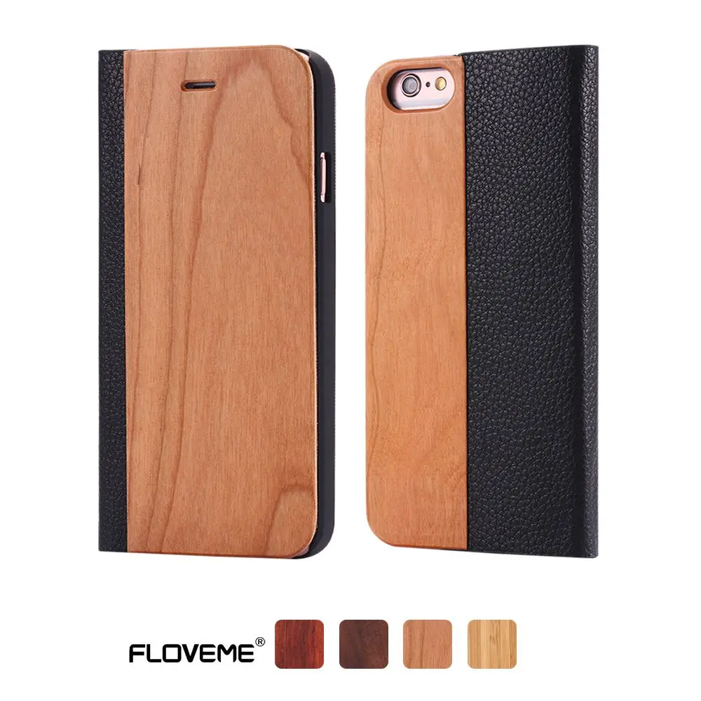 Cherry Wood Кожаный чехол-бумажник FLOVEME для iPhone X, XS, Max, XR, XS, бамбук, натуральное дерево, флип-чехол для iPhone 6, 6S Plus, 7, 8 Plus, чехол, Capinhas - Цвет: Cherry Wood