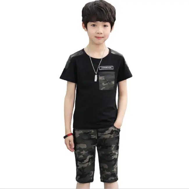 Summer Boys Comouflage Clothing Sets Short-Sleeve Shirts+Pants Clothes Sets For Kids Sports Suits Teenager Tracksuits - Цвет: Черный