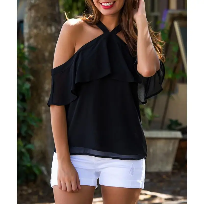 

Summer Short Sleeve Off-Shoulder Patchwork Ruffles Halter Backless Bandage Sexy Women Chiffon Shirt Lady Tops Blouses WS9231X