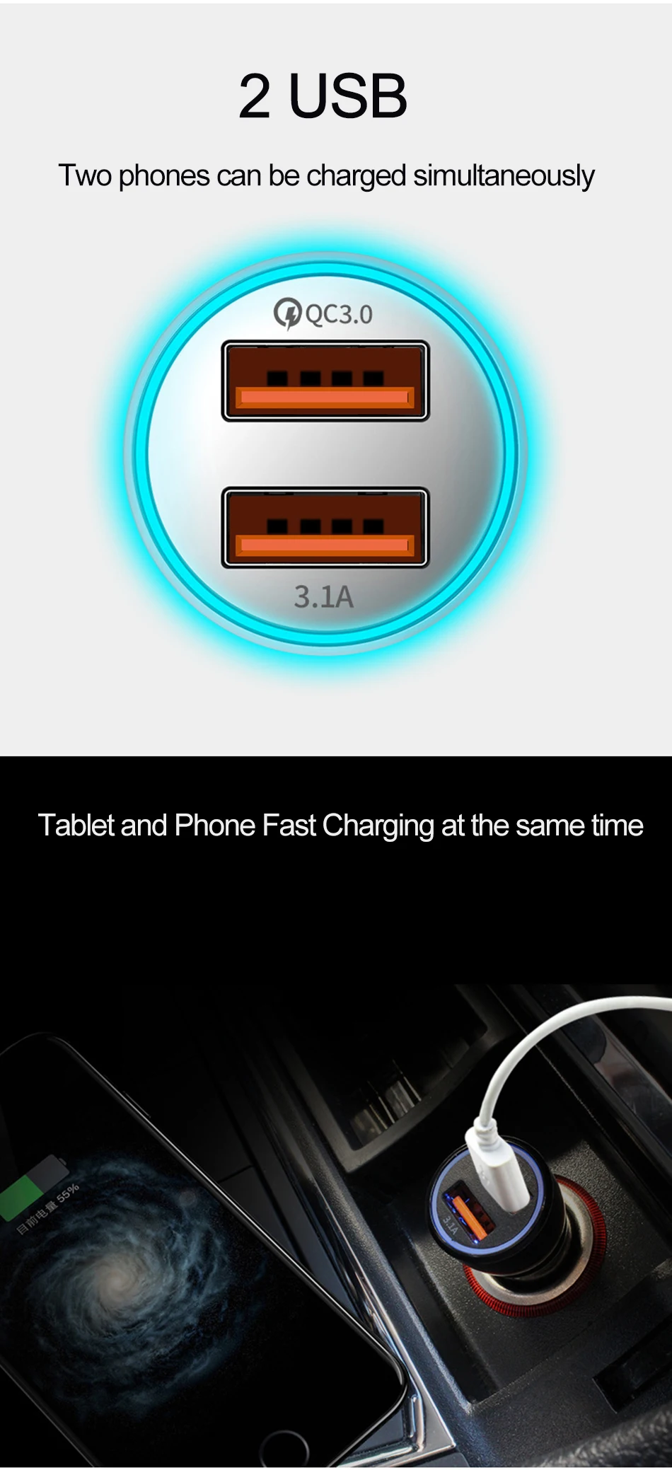 Двойное автомобильное зарядное устройство USB QC 3,0 для iPhone samsung huawei Xiaomi, быстрое автомобильное зарядное устройство для телефона, быстрая зарядка, 2 порта, 3,1 А, Carregador Celular