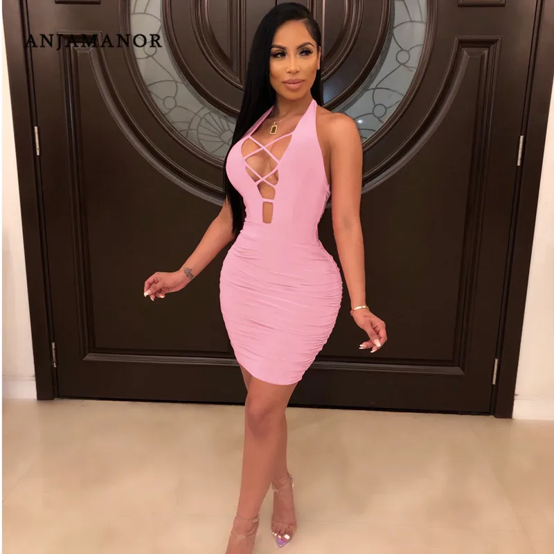 Анжаманор Сексуальное женское платье Club Wear Summer 2019 с открытой спиной на завязках глубоким V-образным вырезом Ruched Bodycon Bandage Mini Dress D36-AZ53 на.