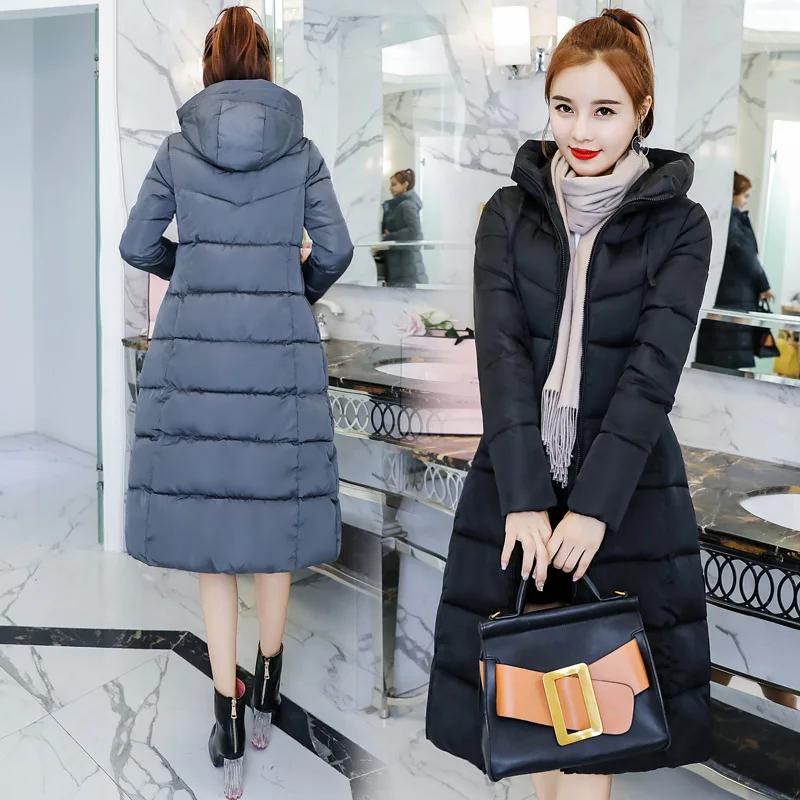 Пуховик с капюшоном зимний тонкий длинный теплый хлопковой подкладкой | Женская