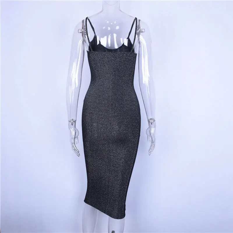 

NORMOV Summer Solid Women Dress Sexy V Neck Backless Strapless Shining Knee Length Polyester Party Spaghetti Strap Dress