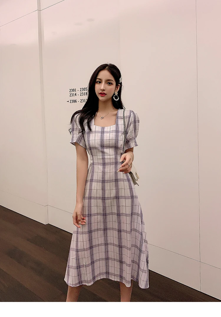 New French retro square collar plaid short sleeved ribbon dress summer waist woman A word big dress dress belt various methods