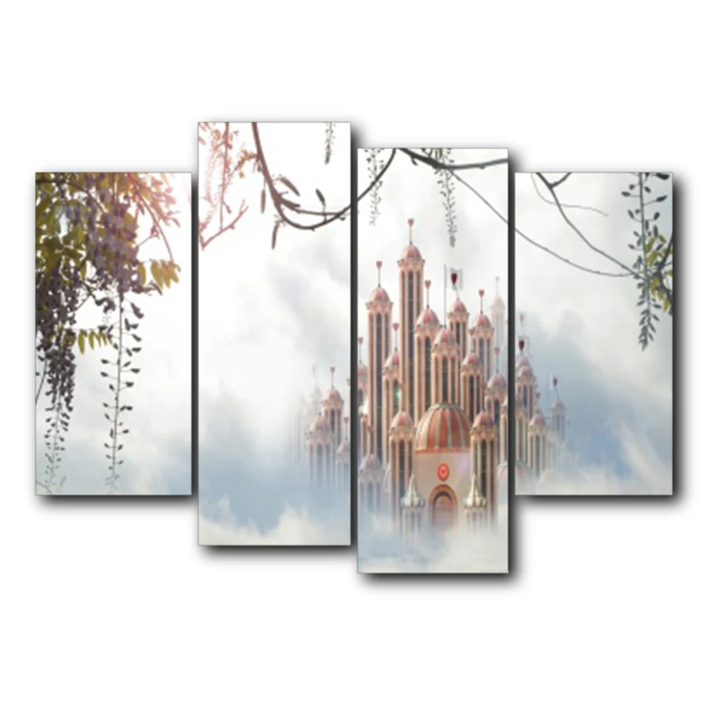 Laeacco Canvas Calligraphy Painting 4 Panel Castle Posters and Prints Wall Artwork Living Room Nordic Home Decoration | Дом и сад