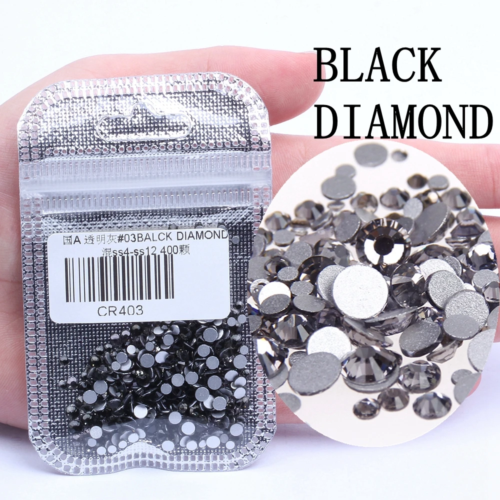 03 BLACK DIAMOND 400 шт, 60 цветов, разные размеры, ss4-ss12, для дизайна ногтей, не горячей фиксации, хрустальные стразы, сделай сам, плоские с оборота, 3D стеклянные украшения для ногтей, стразы - Цвет: 03 BLACK DIAMOND