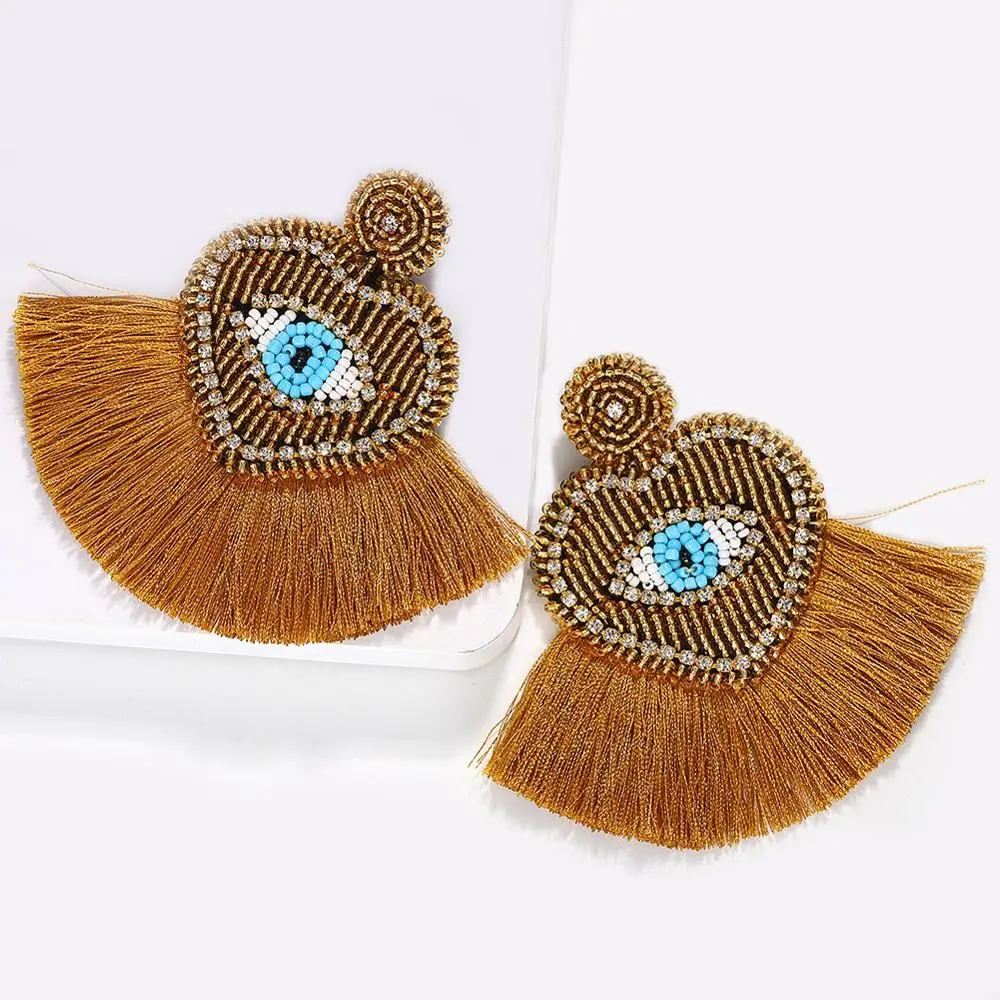 Женские серьги с кисточками этнические богемные в форме сердца бусинами