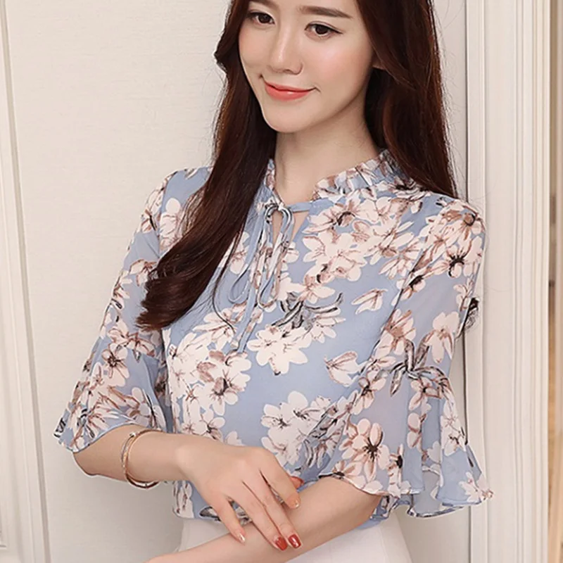 Женские летние топы блузки из шифона и рубашки женские с цветочным принтом