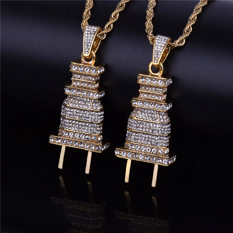 Для Мужчин's со Льдом Bling штекер ожерелье, подвеска из золота цвет серебра талисман микро проложить кольцо со стразами в стиле «хип-хоп» ювелирные изделия
