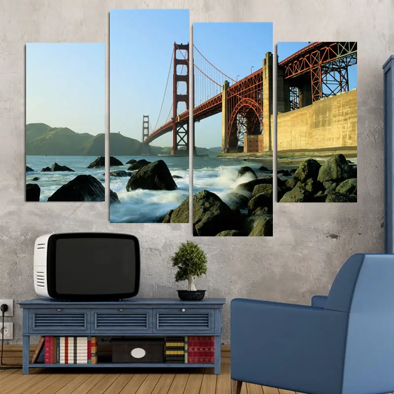 4 панели Мост Золотые ворота Большой HD домашний декоративный Рисунок настенная