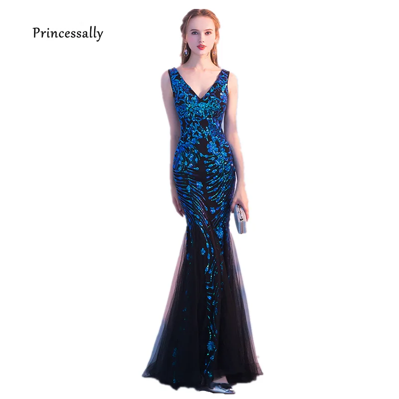 royal blue С блестками, вечерние платья, украшенные бисером Русалка длинное торжественное платье для выпускного вечера вечерние платье с v-образным вырезом, сексуальное длинное вечернее платье стиль Robe De Soriee - Цвет: royal blue