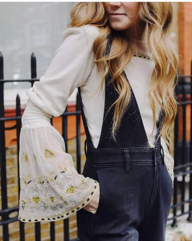 TEELYNN Boho трикотажная рубашка сексуальная прозрачная сетчатая Цветочная вышивка кружевная расклешенная блуза с длинным рукавом и круглым вырезом женские Топы Блузки