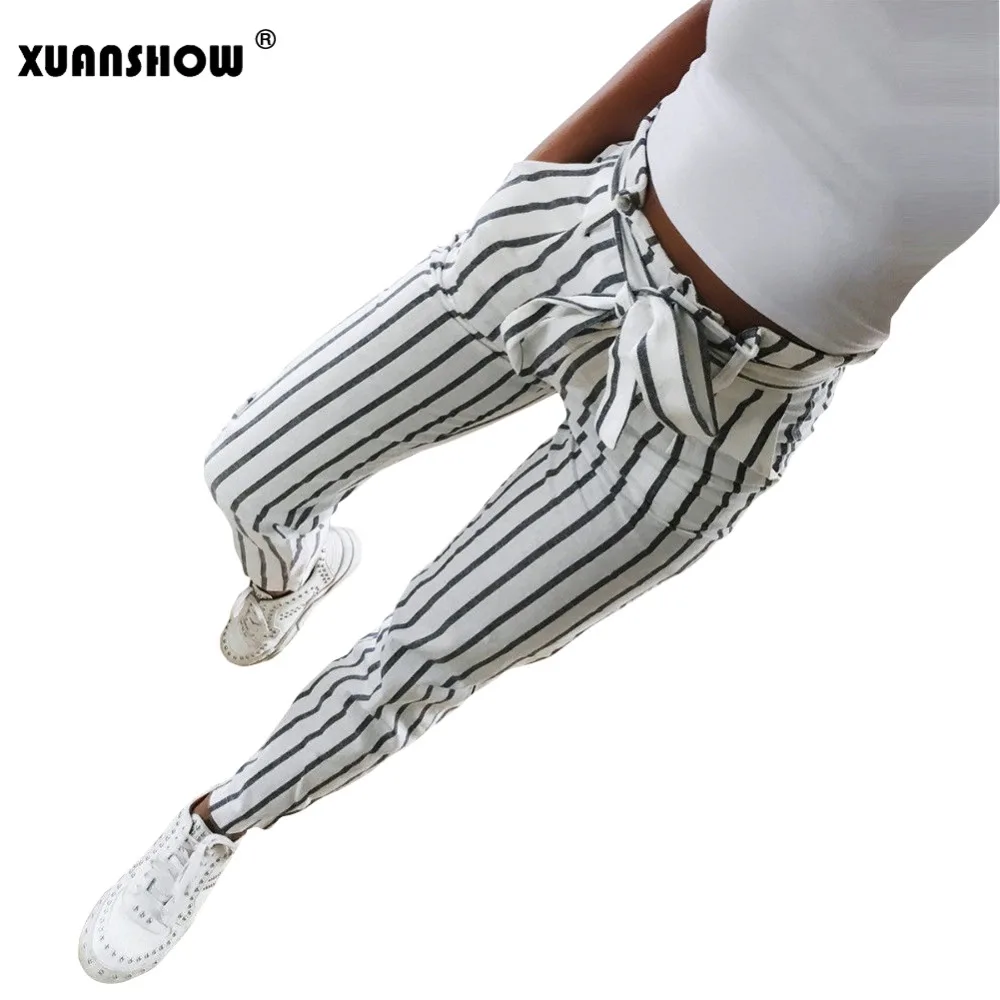 Женские полосатые брюки XUANSHOW с поясом модные длинные высокой талией офисные