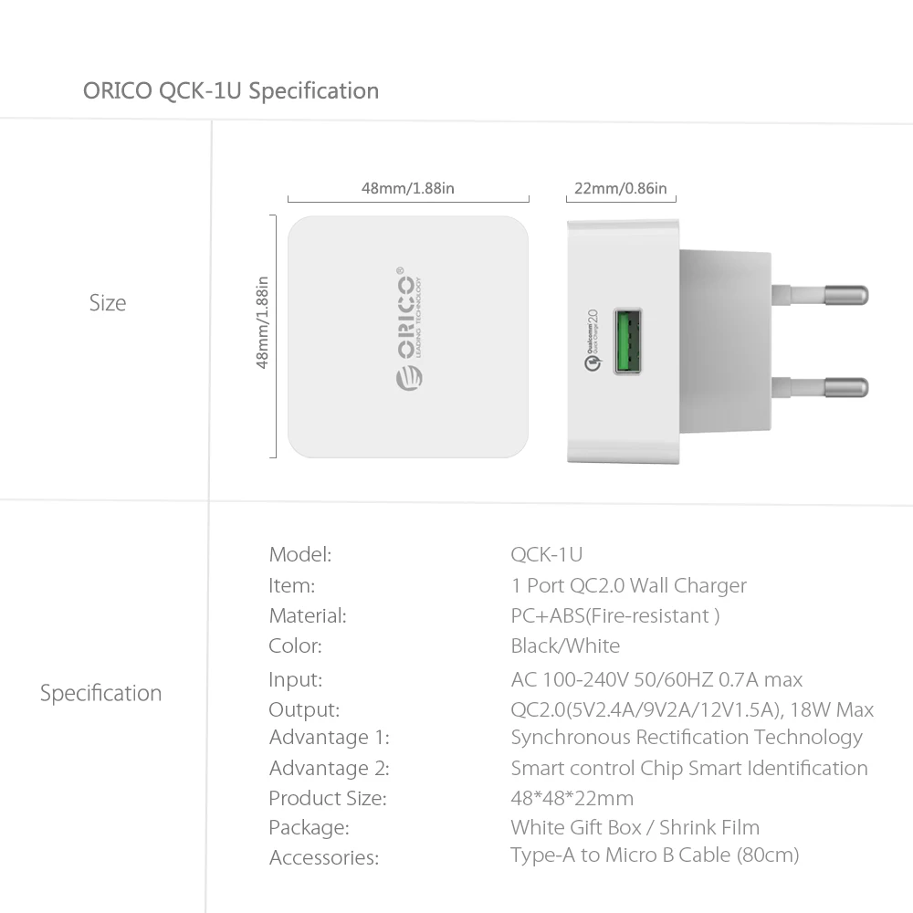 USB быстрое зарядное устройство ORICO QC3.0 настенное с кабелем Micro для samsung Xiaomi huawei|usb