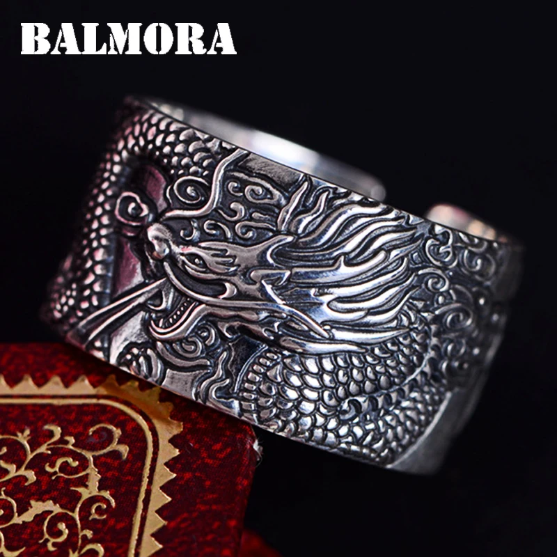 BALMORA Настоящее 999 Чистое серебро панк дракон буддизм Сутра открытый укладки палец кольца для мужчин подарок винтажные крутые модные ювелирные изделия
