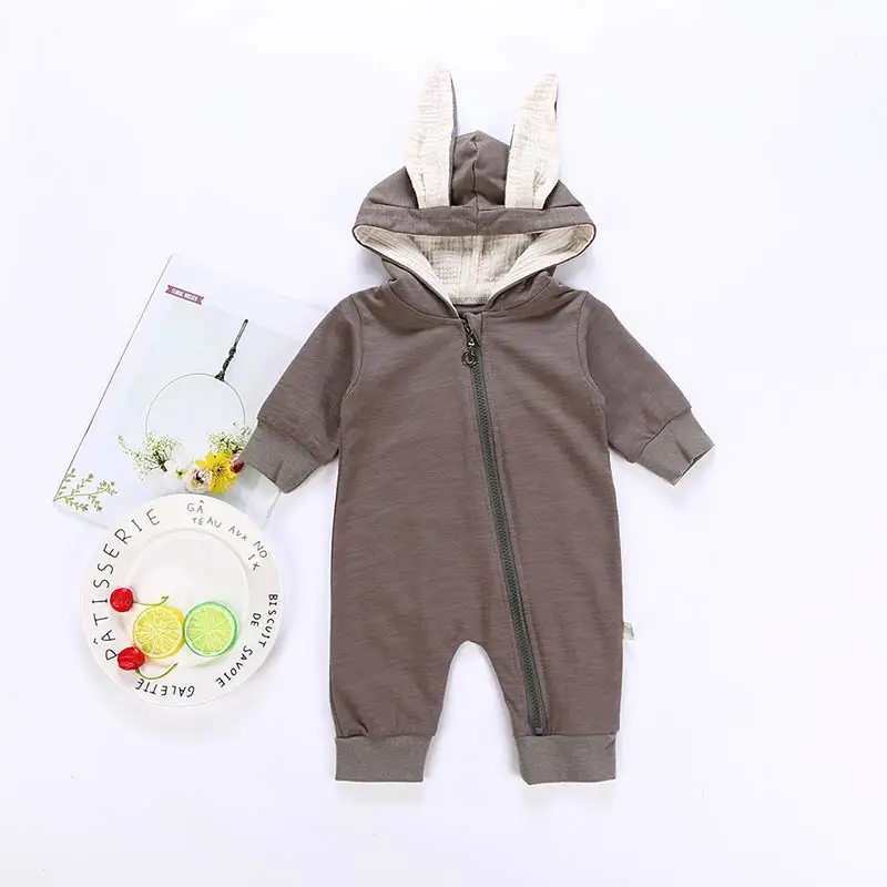 AZ1856 grey Детские комбинезоны; одежда для малышей с милыми заячьими ушками; хлопковые однотонные Комбинезоны для маленьких мальчиков; костюм с героями мультфильмов - Цвет: AZ1856 grey