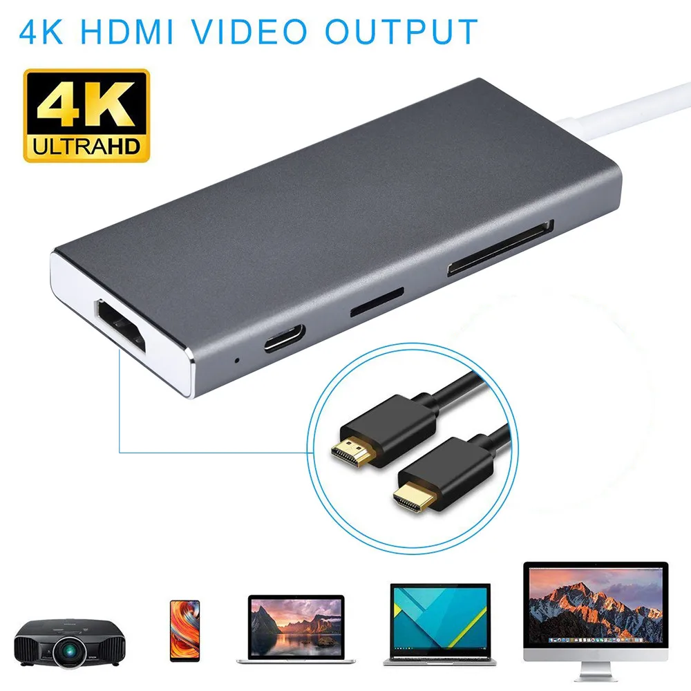 USB C концентратор Type адаптер 7 в 1 док станция с 4K HDMI выходом PD Зарядка 3 порта 0 для