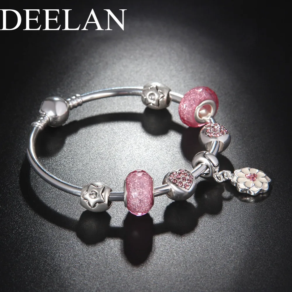 DEELAN fashion Silver Color Charm Bracelets &amp Bangles For Women Trendy Crystal Pink Glass Beads Bracelet jewelry Girl Cute Gift |