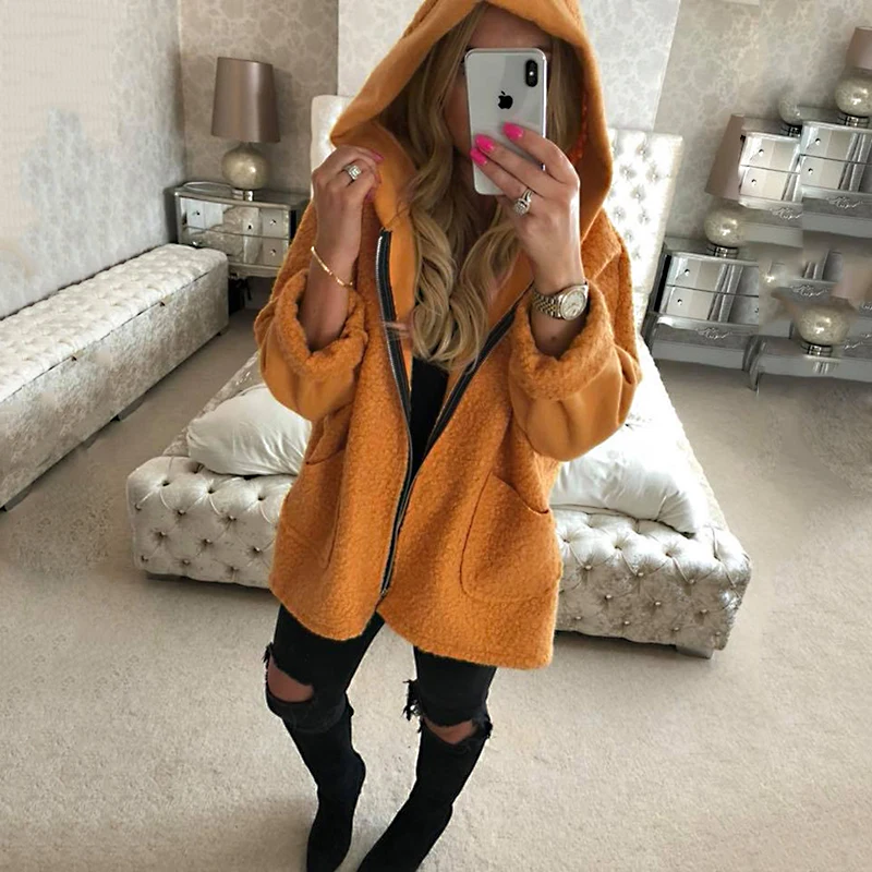 SHIBEVER New loose autumn women jacket fashion fur coat hooded Zipper causal black female Outerwear NDR96 | Женская одежда