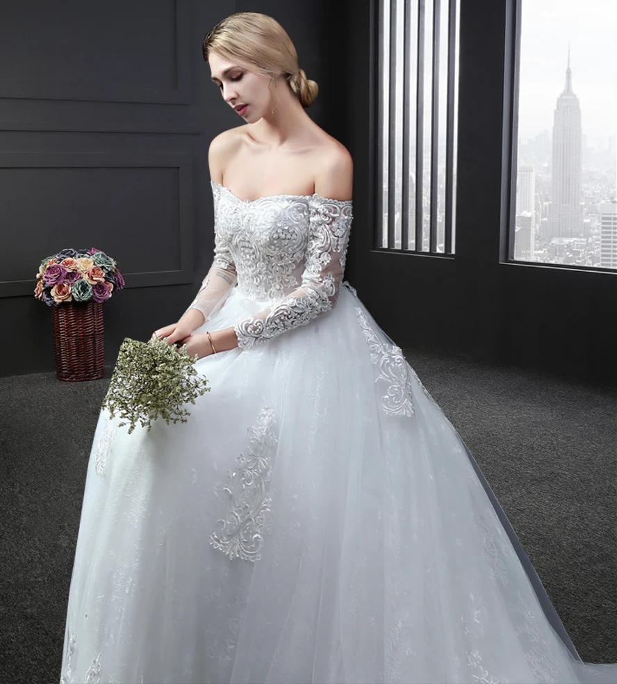 Robe de soiree Новое вышитое блестками кружевное свадебное платье с рукавом три четверти цвета слоновой кости белое свадебное платье реальные фотографии