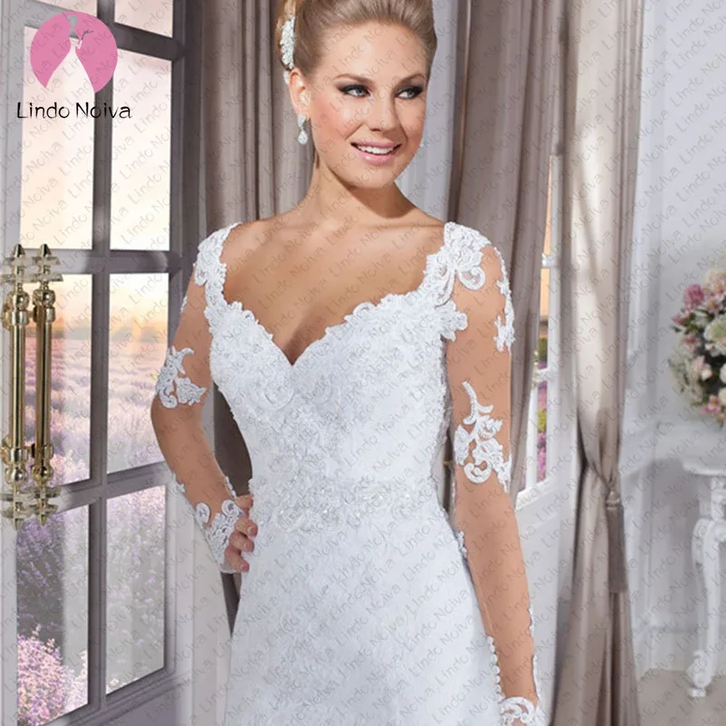 Casamento/сексуальные свадебные платья с v-образным вырезом и длинными рукавами
