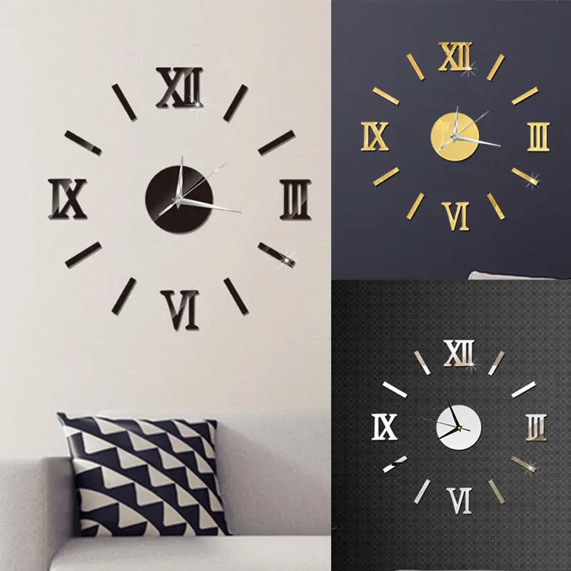 Modern Large Wall Clock 3D Mirror Sticker Unique Big Number Watch Large Wall Clock Big Watch Decal 3D Sticker Roman Numerals DIY