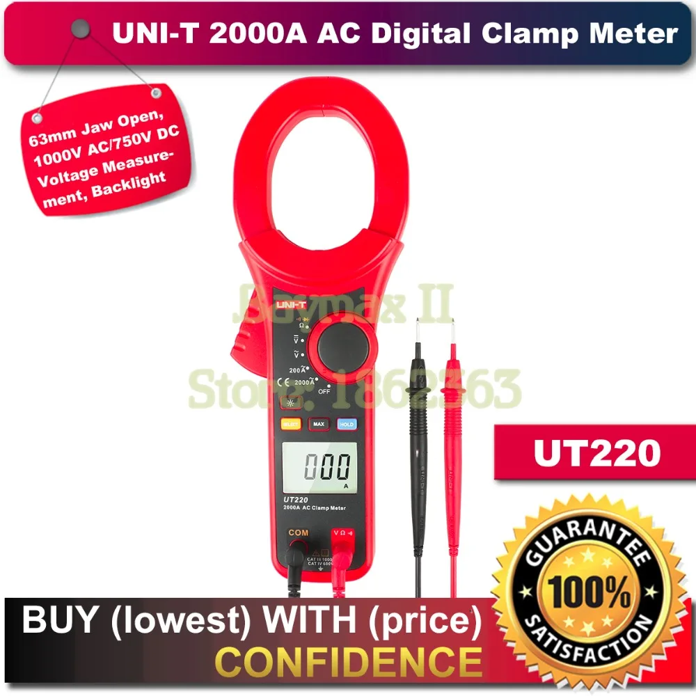 

UNI-T UT220 63 мм Щековая открытая 2000A переменный ток цифровой клещи 1000 В AC/750 В DC напряжение мультиметр с мягкой сумкой для переноски