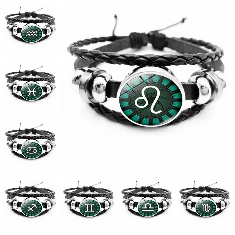 

Heat! 3 Color 12 Zodiac Constellation Retro Aries Gemini Leo Black Bracelet Glass Cabin Men's Bracelet Jewelry
