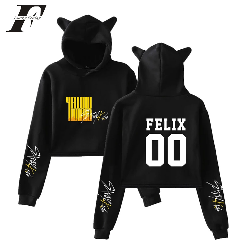 Kpop Stray Kids Cat Crop Top oversized hoodie sweatshirt Women Album Yellow Wood korean Hoodies Sweatshirts Sexy clothes | Женская