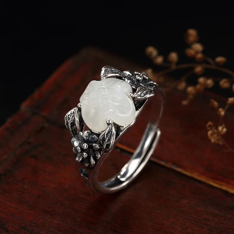 2018 Direct Selling Sale Women Anel Feminino S925 Sterling Retro Thai Natural Hetian Mosaic Lotus Lady Opening Ring Wholesale | Украшения и