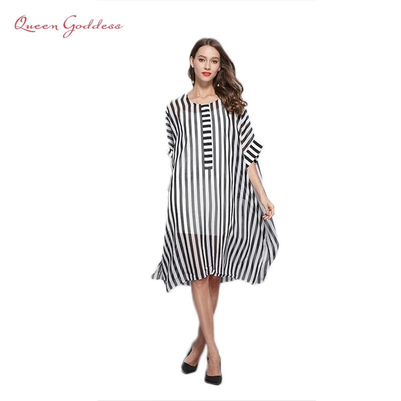 2018 летнее женское винтажное шифоновое элегантное платье в черно-белую полоску с