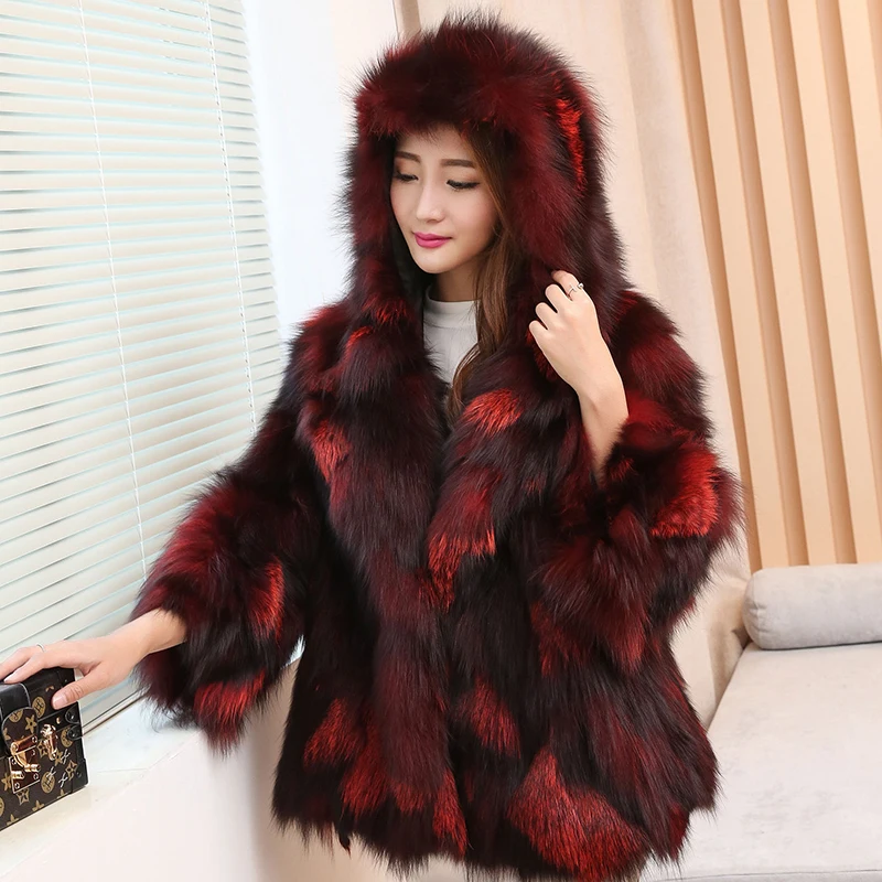 2017 роскошный новый Для женщин зима Настоящее Silver Fox меха с капюшоном пальто