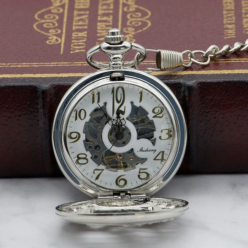 Luxury Mechanical Hand Wind Double Cranes Hollow Skeleton Dial Steampunk Silver Design Pocket Watch Men Women PJX1317