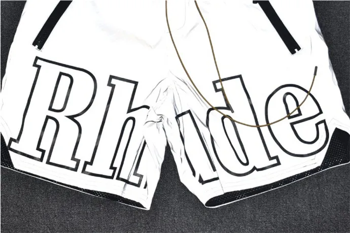 19SS Rhude логотип черный мягкий дышащий серый 3M отражением Поворот Белый Rhude шорты мужские свободные сетки нейлон Rhude Шорты Унисекс