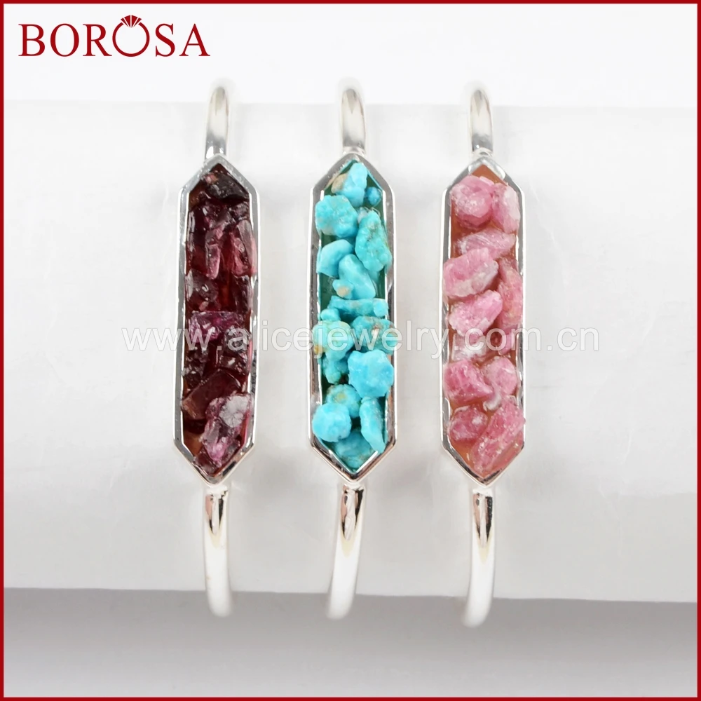 

BOROSA 5PCS Silver Color Multi-kind Stone Chips Bezel Open Bangle Mixed Colors Stone Bracelet for Women Druzy Jewelry ZS0256