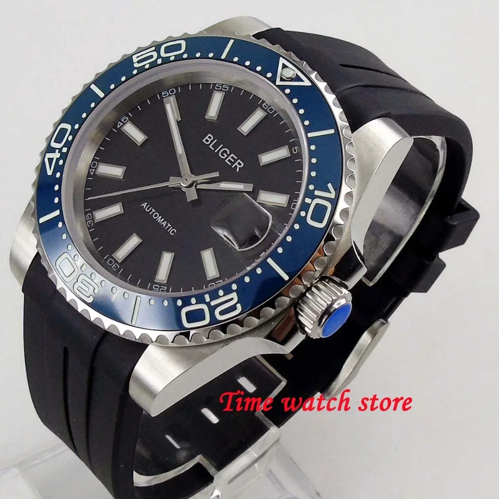 

40mm BLIGER mechanical auto watch men waterproof steel black dial luminous ceramic bezel jewels MIYOTA Auto rubber bracelet 203