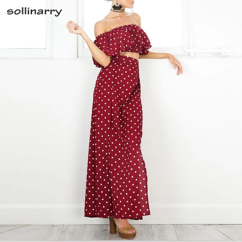 Sollinarry Polk Dot красное женское длинное платье с открытыми плечами шифоновое винтажное повседневное летнее макси платье с рюшами сексуальные платья в стиле бохо Vestidos