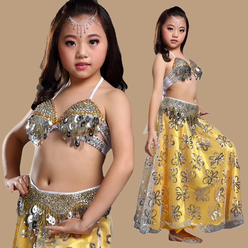 

Children Professional Belly Dancing Clothes 3-piece Oriental Outfit Bra, Belt, Skirt Girls Belly Dance Costume Set for Kids