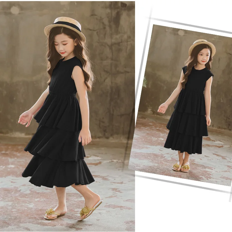 

Summer Girls Dresses 2019 New Teenager Girls Dress Cotton Sleeveless Big Girls Cake Beach Long Dress RT425