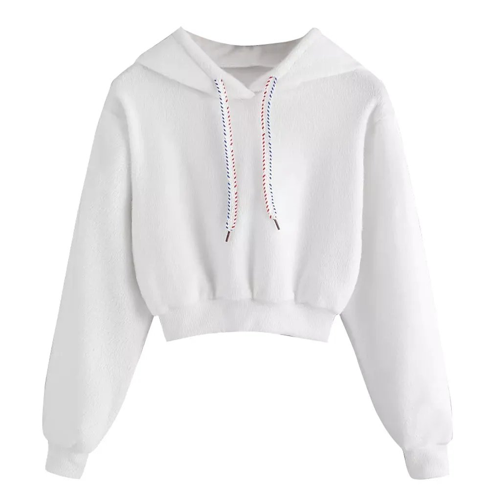 

Fashion Crop Hoodies Pullover Women Autumn Winter Hooded Hoodie Female Faux Fur Sweatshirt Drawstring Coat Tops Clothes