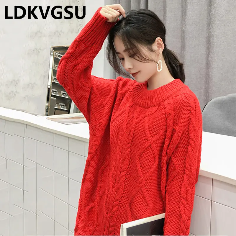 Женский длинный свитер с круглым вырезом свободный толстый пуловер большого