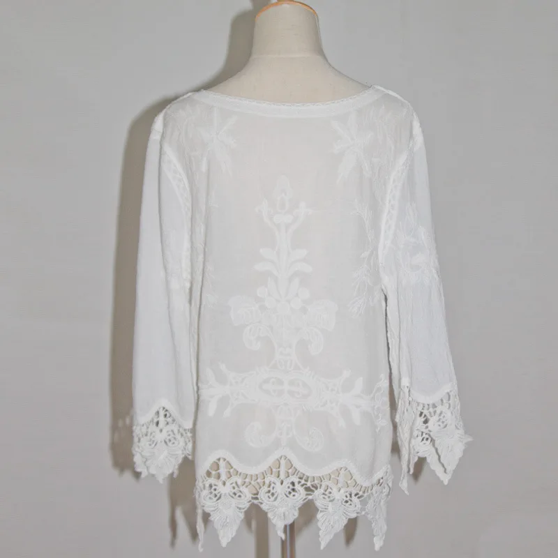 

Women Floral Lace Beach Cover Up Female Summer Embroidery Lace Sexy Loose Fit Flare Sleeve Match Color Blouses