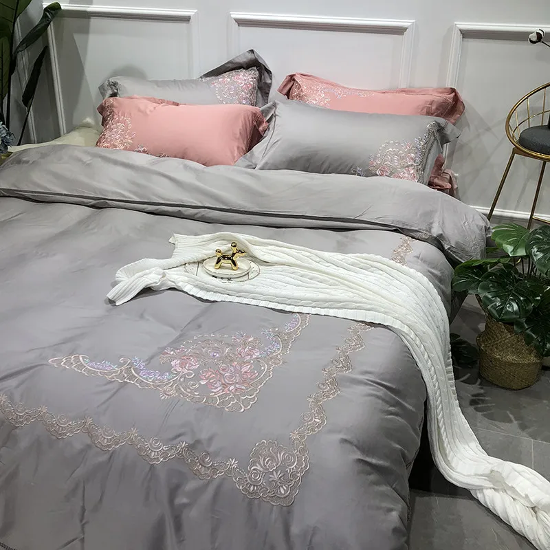 60 s из египетского хлопка шелковое Роскошные Embroid Постельное белье 4 шт. King queen Размеры черная простыня одеяло чехол наволочки