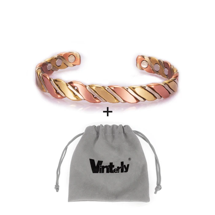 with bag Vinterly витые медные браслеты для женщин, розовое золото, энергетические магнитные медные регулируемые браслеты-манжеты и браслеты - Окраска металла: with bag