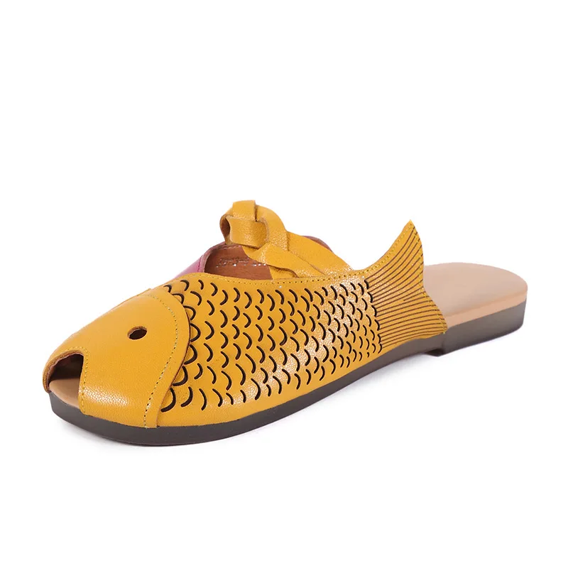 Women Leather Slippers Flat Heels Peep Toe Summer Shoes Girls Casual Handmade Genuine Beach Slipper Fish | Обувь