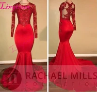 2018 vintage sheer long sleeves red prom dresses mermaid appliqued sequined african black girls evening gowns red carpet dress