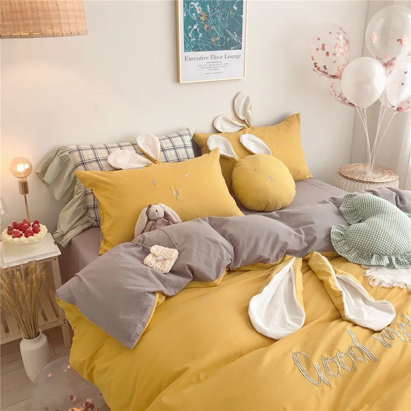 Милая Вышивка с кроличьими ушками 100% промытый хлопок цвет желтый серый