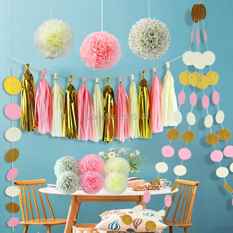 Цвета слоновой кости розовое золото папиросная бумага помпон кисточка гирлянда