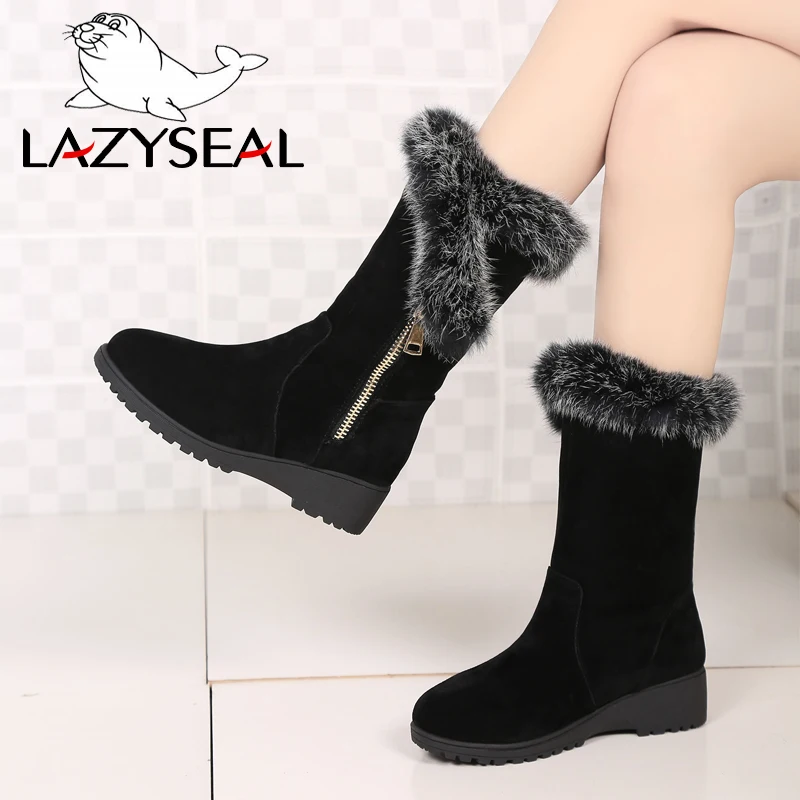 LazySeal/большие размеры, зимние сапоги из натуральной замши с кроличьим мехом на молнии женские короткие ботинки женские ботинки на меху